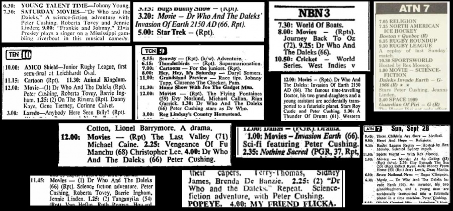 Collage of listings for the Peter Cushing Dalek movies in NSW